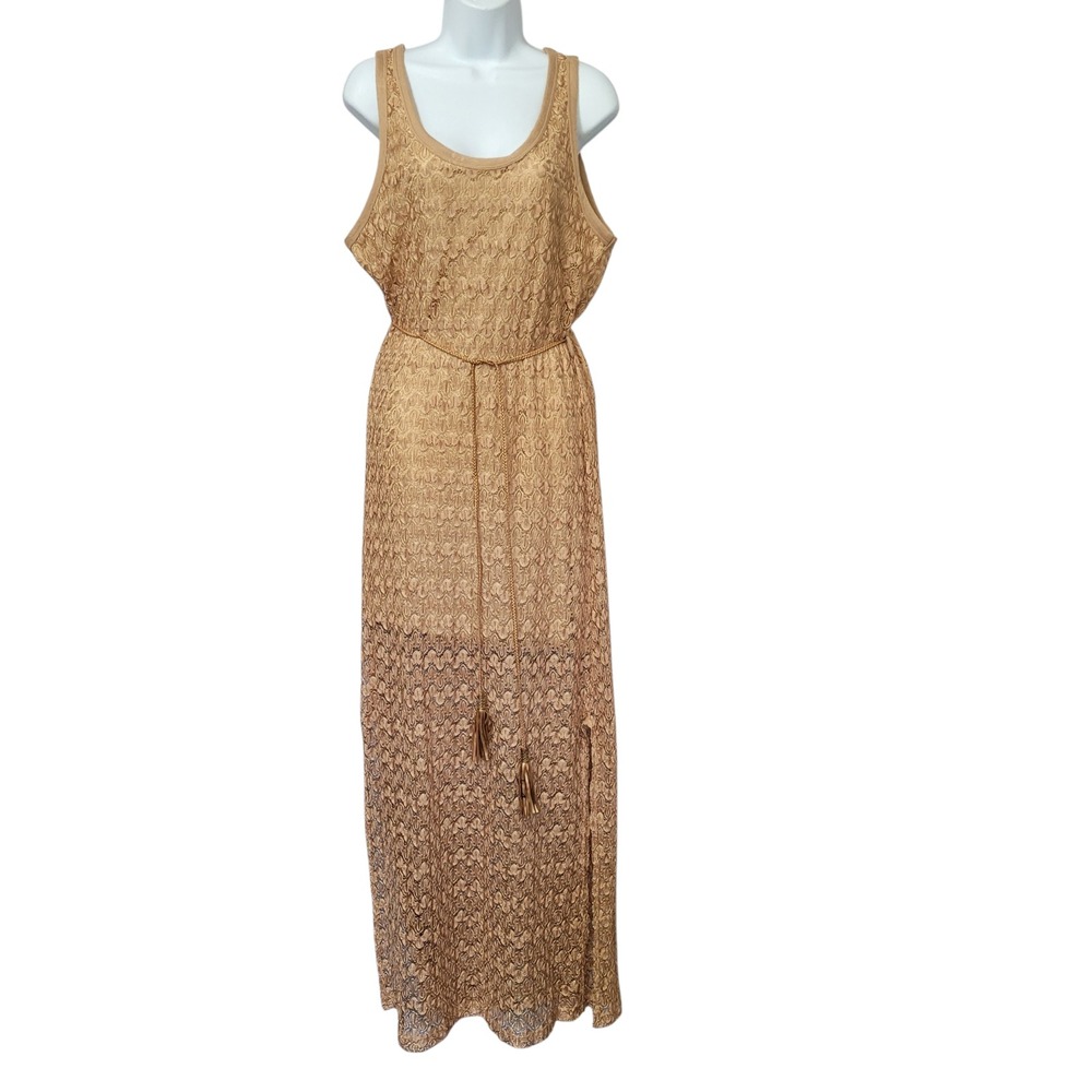 Vtg Celine by Champion Maxi Dress Womens M/L Gold Lace Sleeveless Tassel Belt